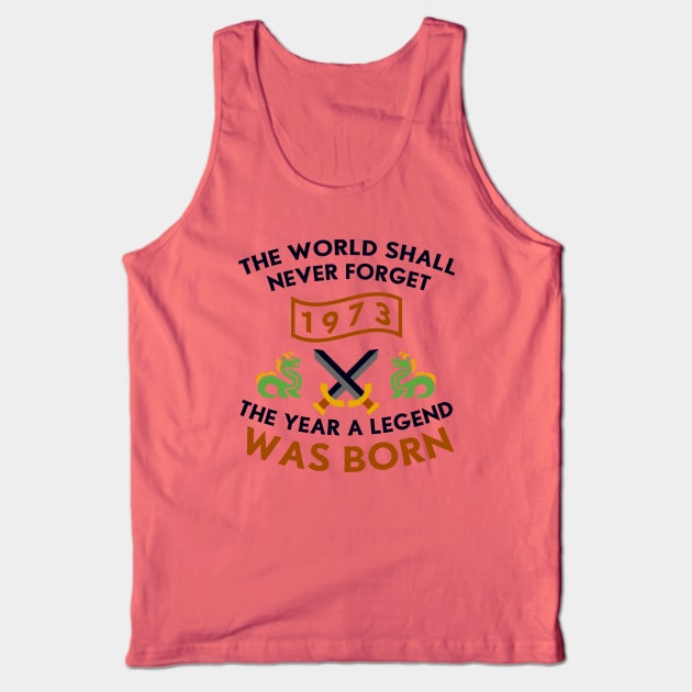 1973 The Year A Legend Was Born Dragons and Swords Design Tank Top by Graograman
